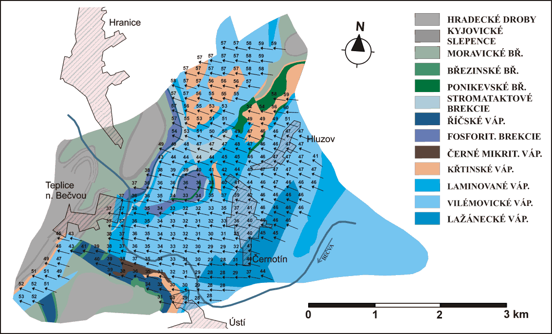 Mapa trend orientace tektonickch lineac.